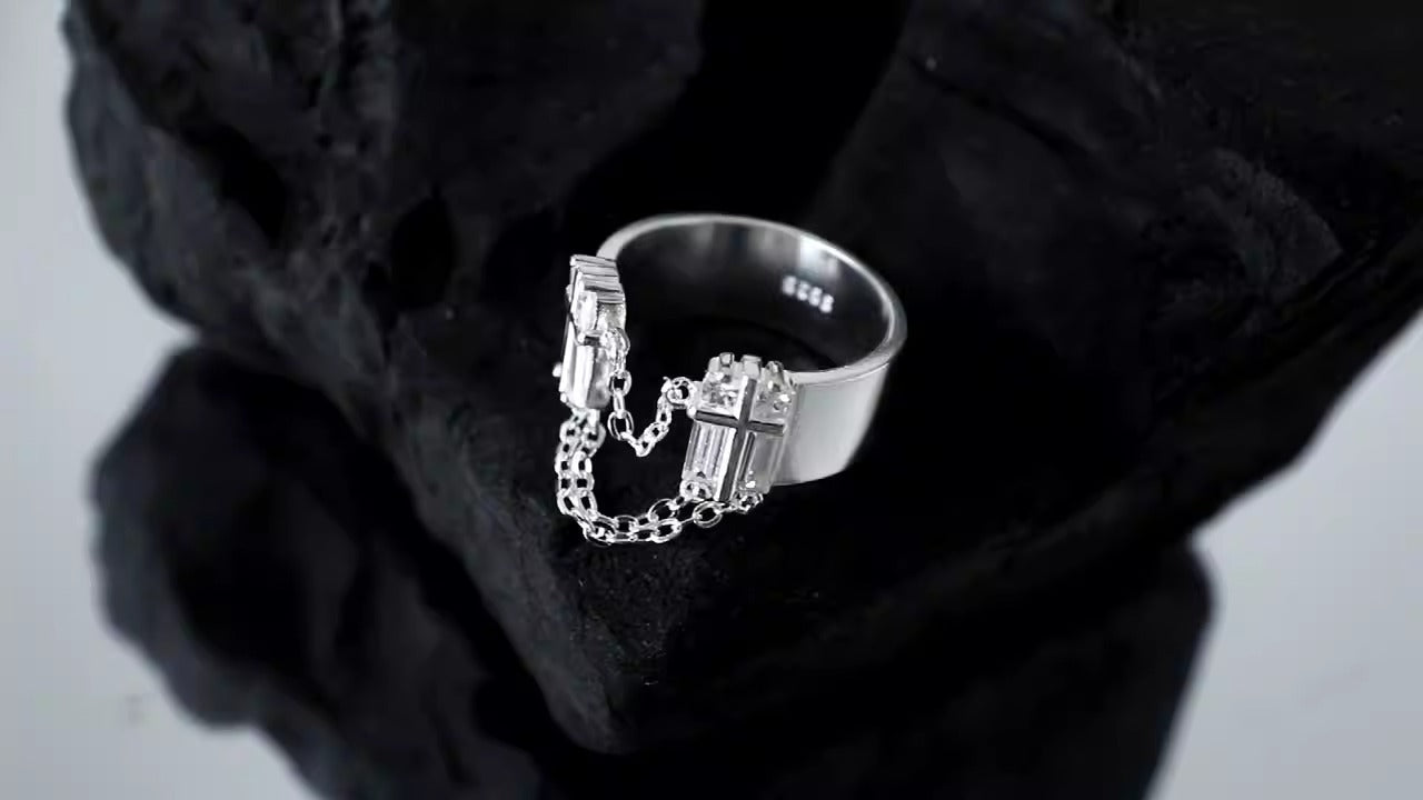 Niche design simple cold style zircon chain tassel texture S925 sterling silver ring for women