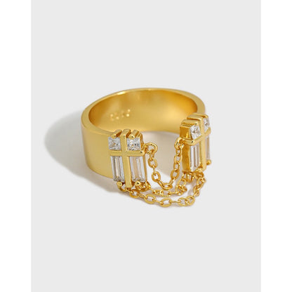 Niche design simple cold style zircon chain tassel texture S925 sterling silver ring for women